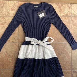 Weekend Luella Ribbed Long Sleeve Maxi Dress Navy and White Cottagecore
